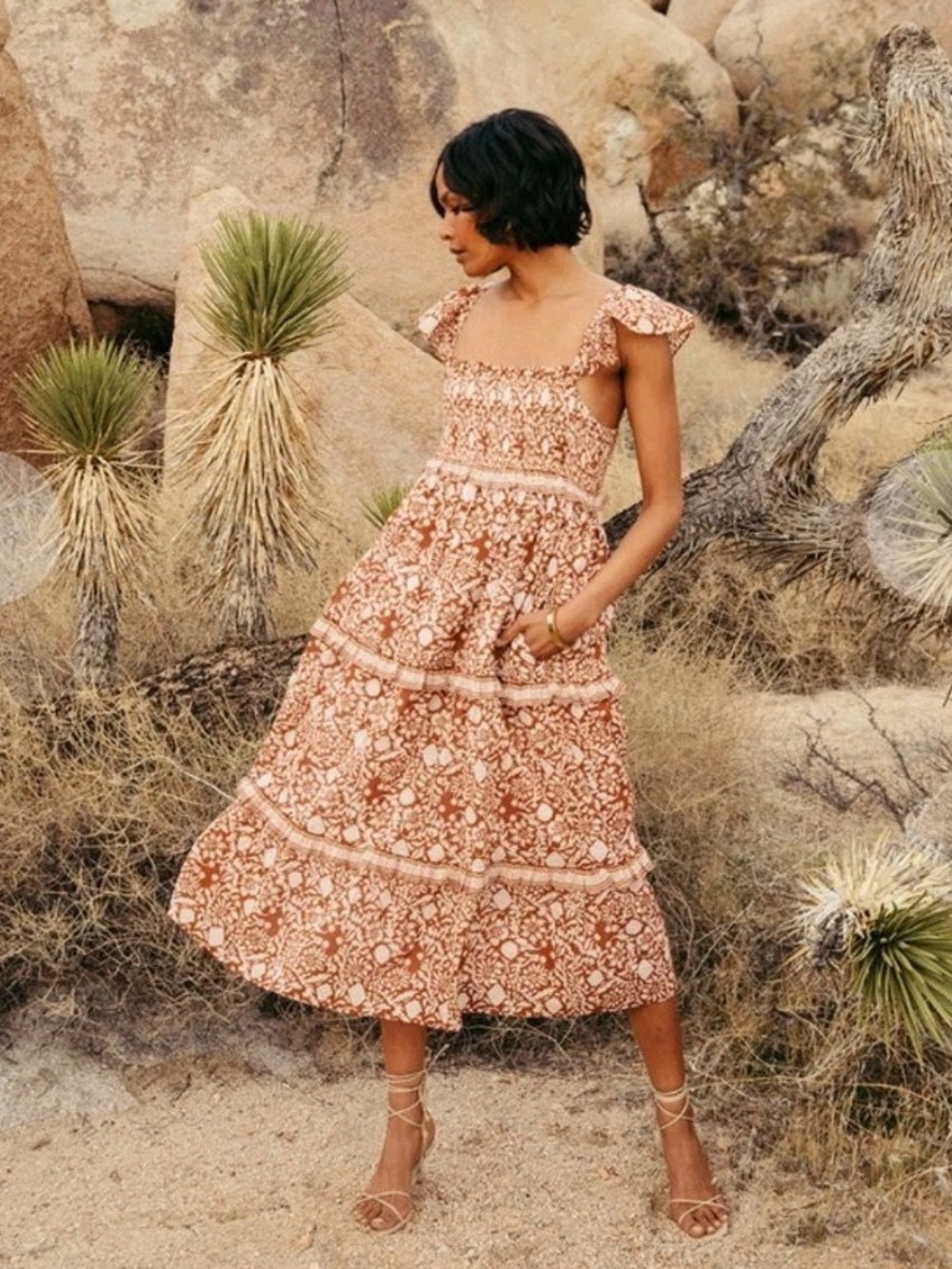 CLEOBELLA Frida Midi Dress in Anila Block Print Rust Cream XS Organic Cotton